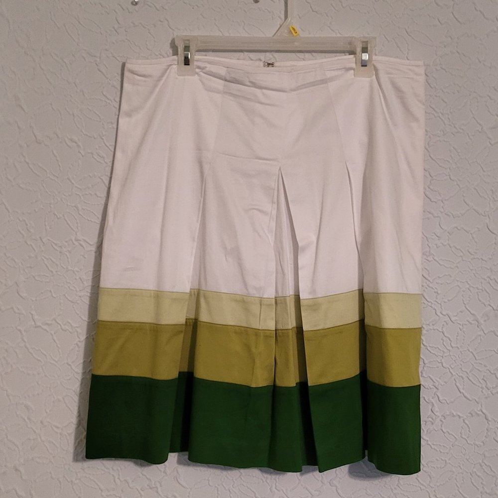 TALBOTS White/Green Stripes Cotton Pleated A-Line Flare Skirt Women's 14
